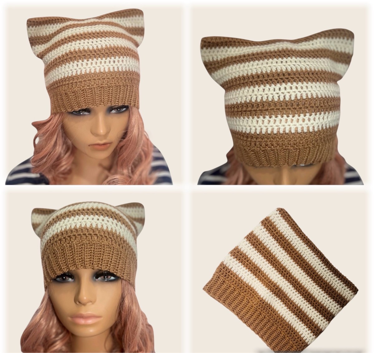Crochet Cat Ear Beanie – Brown & Cream Striped Hat
