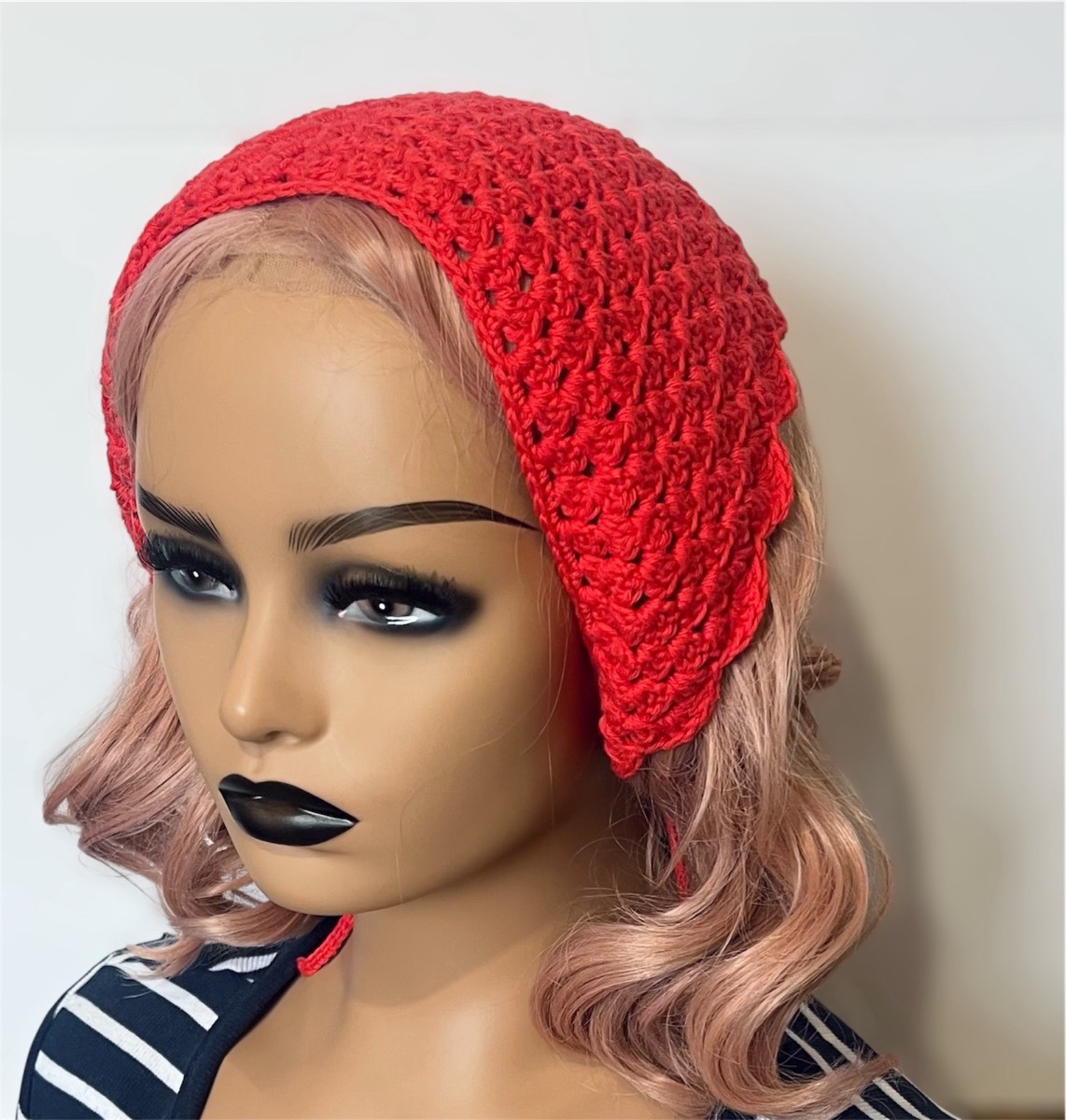 Handmade Red Crochet Headscarf – Cotton Bandana with Scallop Edge