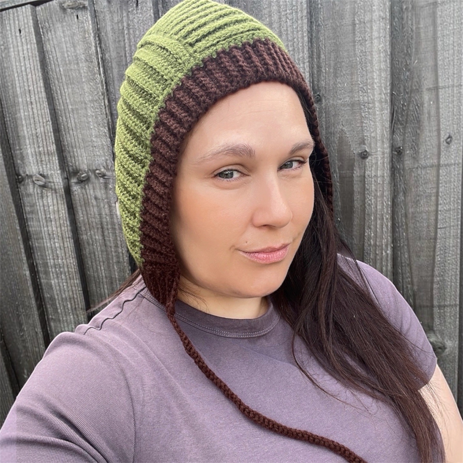 Crochet Bonnet‑Style Balaclava – Olive & Brown Hooded Headwarmer