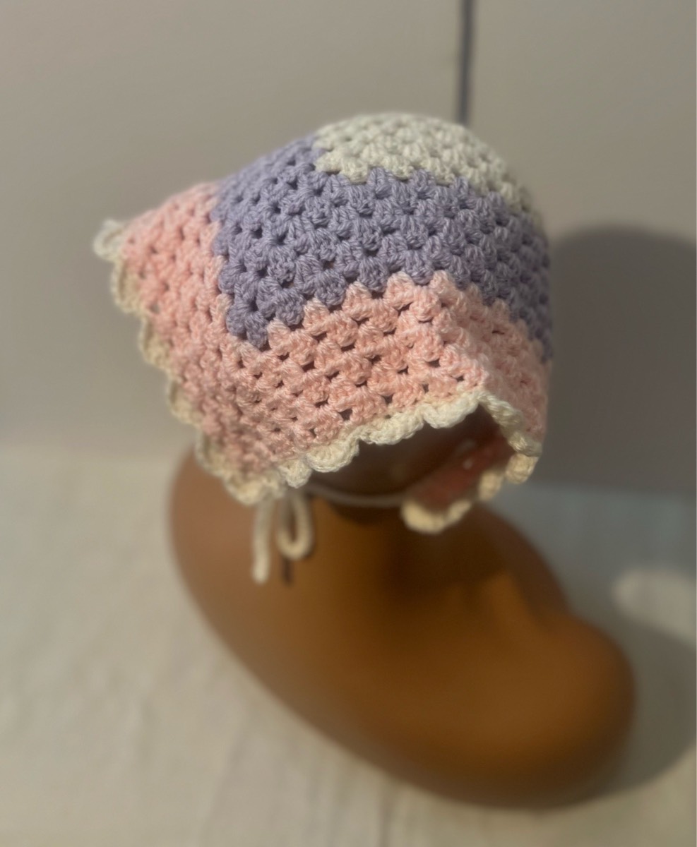 Pastel Crochet Bandana Headscarf – Pink Lavender Cream – Boho Scarf