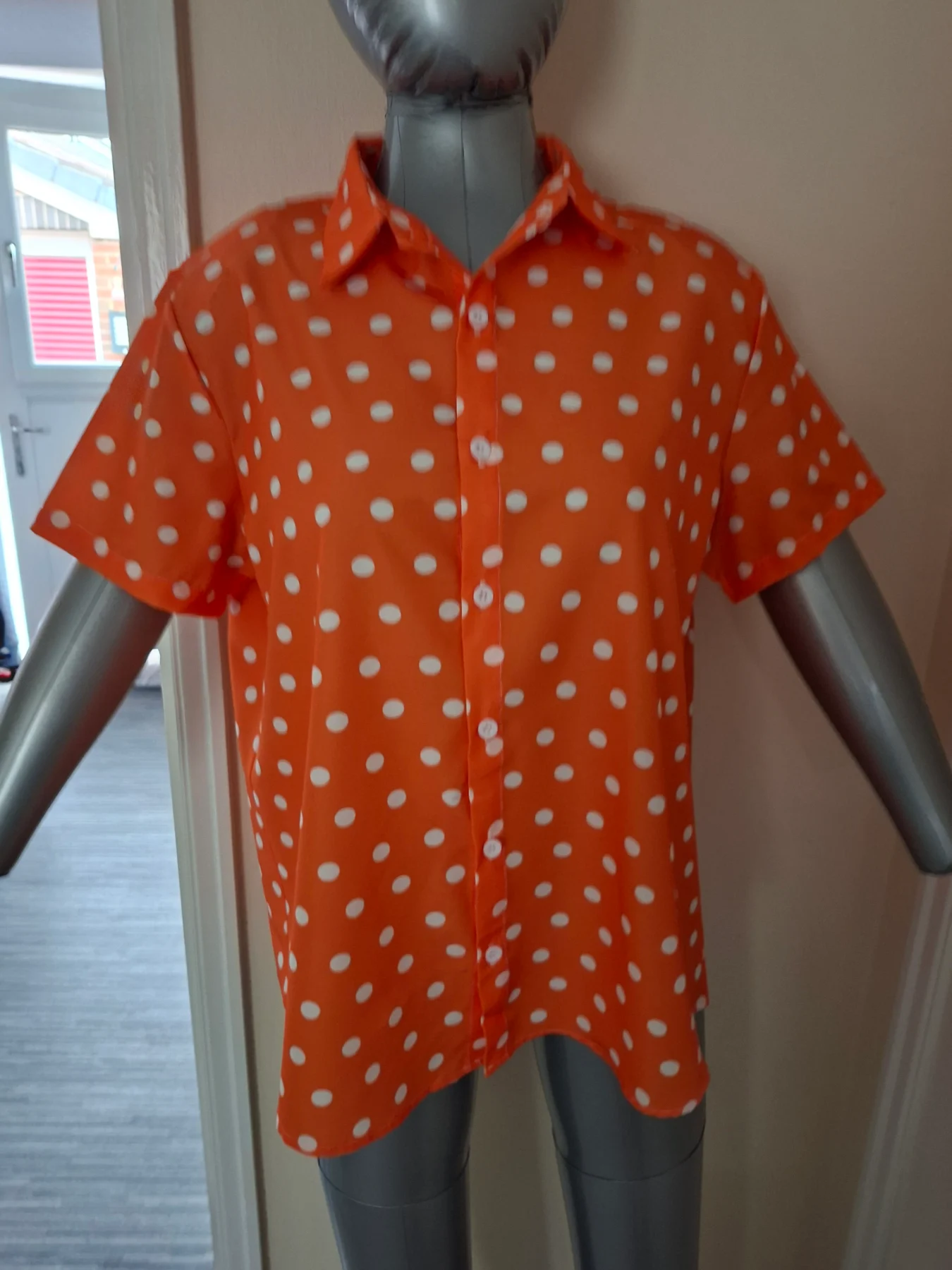 Orange with white polka dot front button shirt