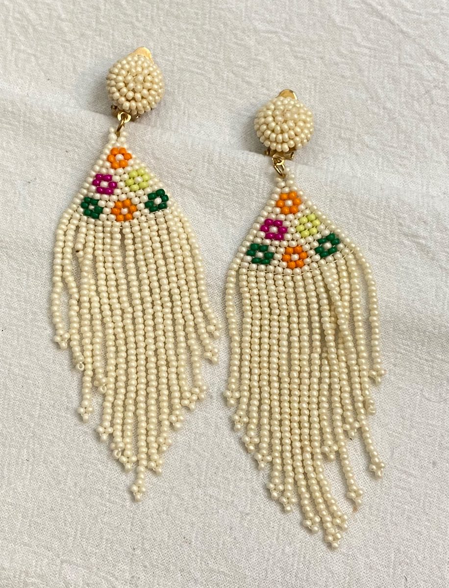 New Clip-On cream colour beaded Earrings None Piercing Cuff
