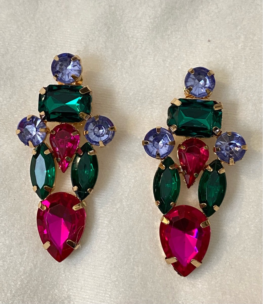 New Clip-On sparkle green pink colour diamond gemstone Earrings None Piercing Cuff