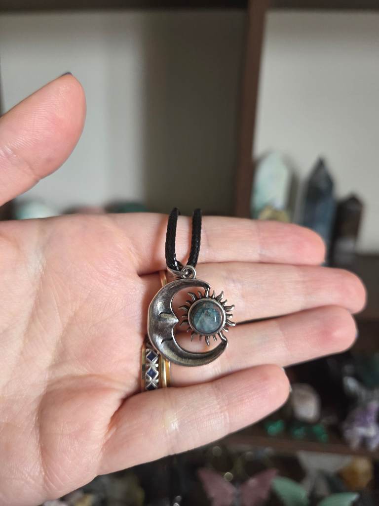 Moss agate sun and moon crystal necklace