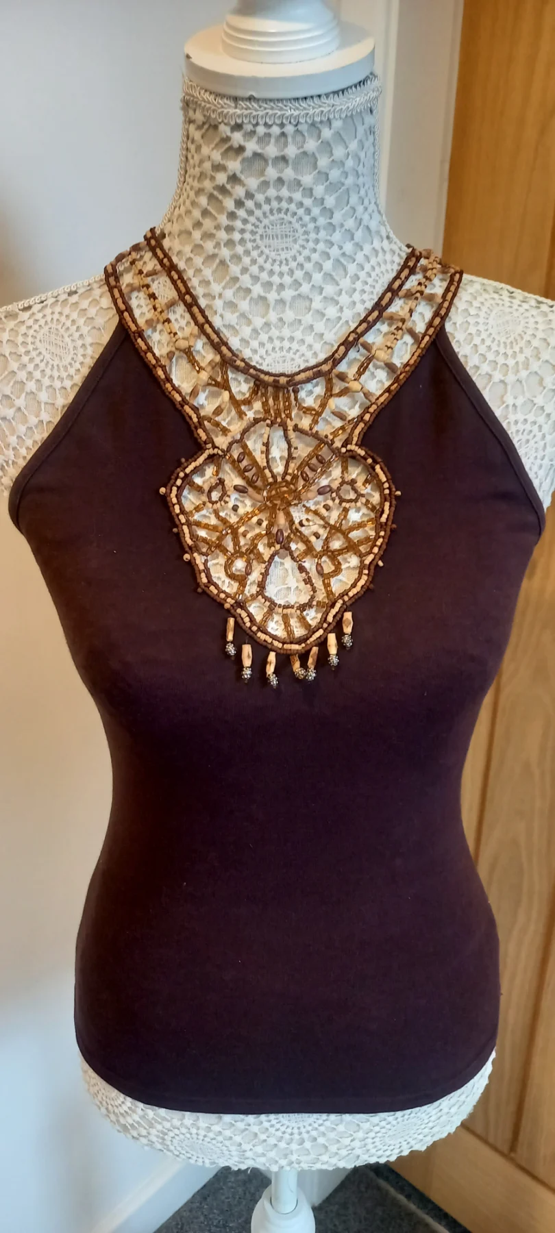 Brown beaded halter neck top Karen Millen