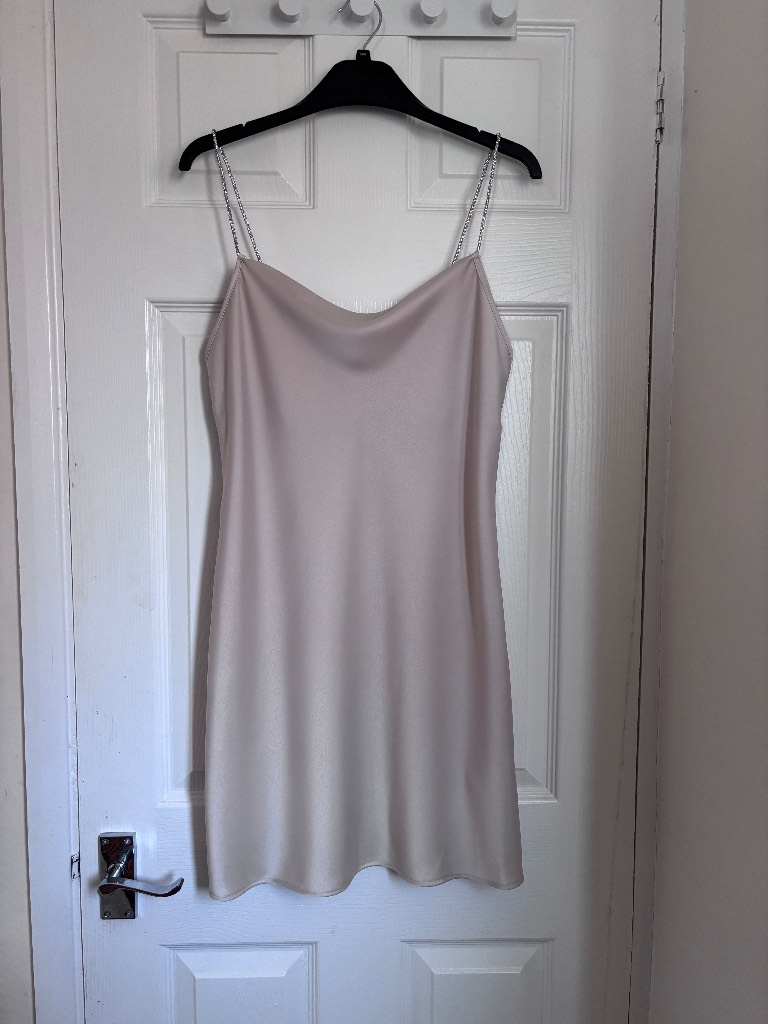 Primark Champagne Gold Satin Cowl Neck Mini Dress Diamante Straps Size 10