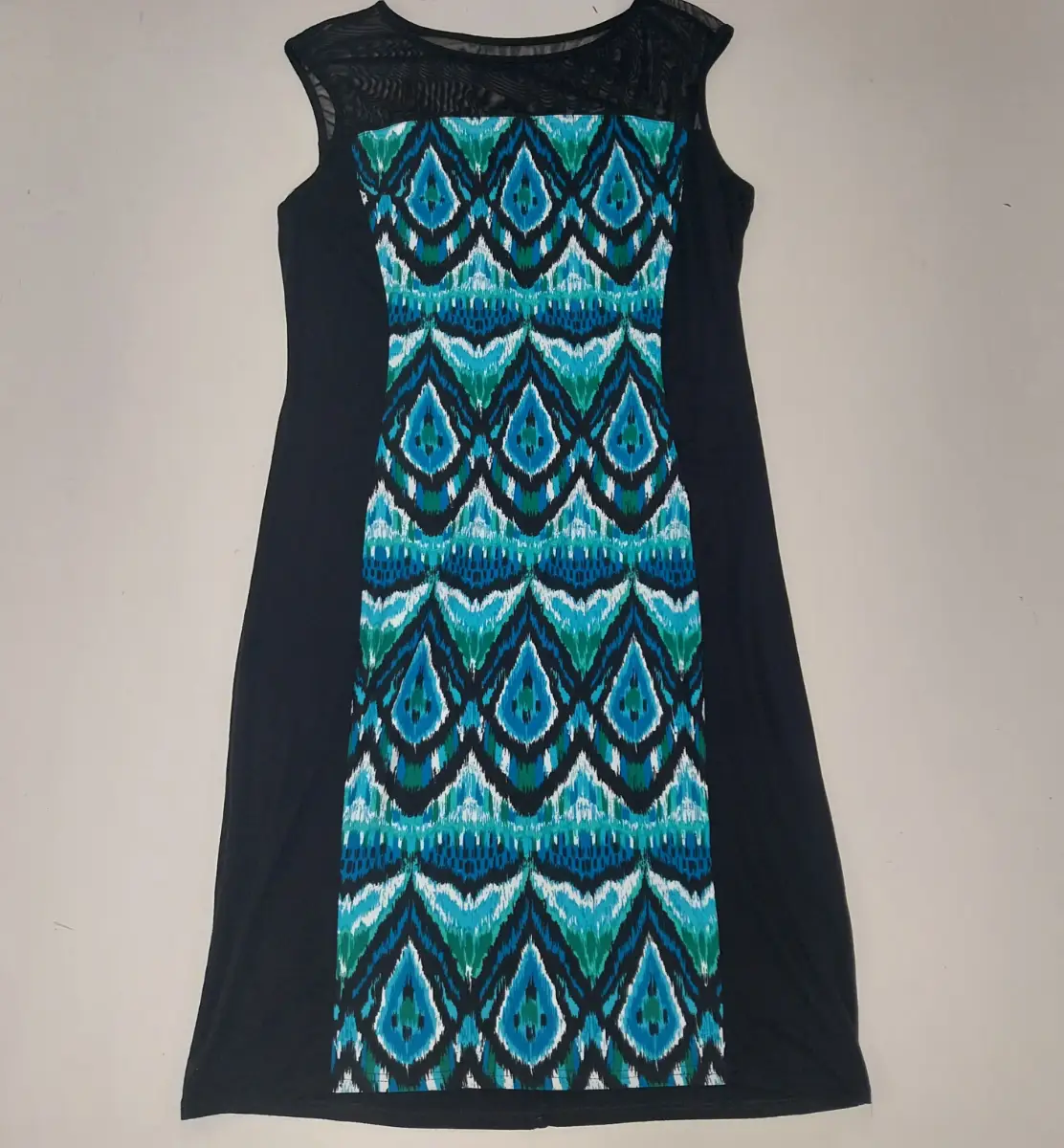 ​Roman Originals Blue Geometric Aztec Panel Dress Mesh Neck Size 16 Shift Knee
