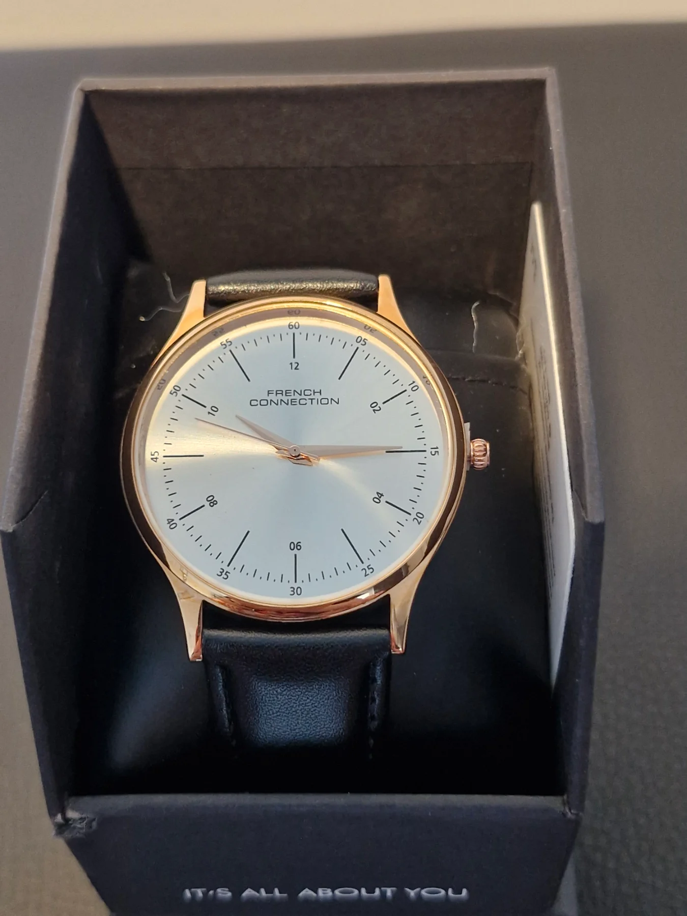 French Connection Men's watch. Black strap, Rose gold. Silver dial. Brand new in box