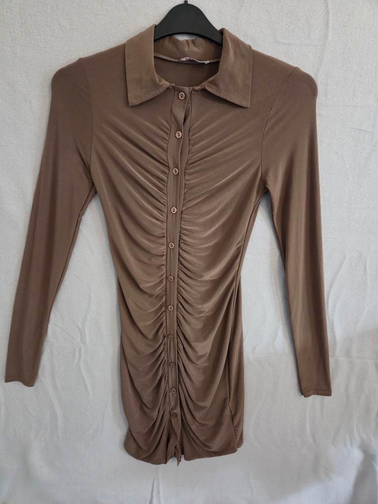 Silky Chocolate Brown Ruched Shirt Dress UK 8