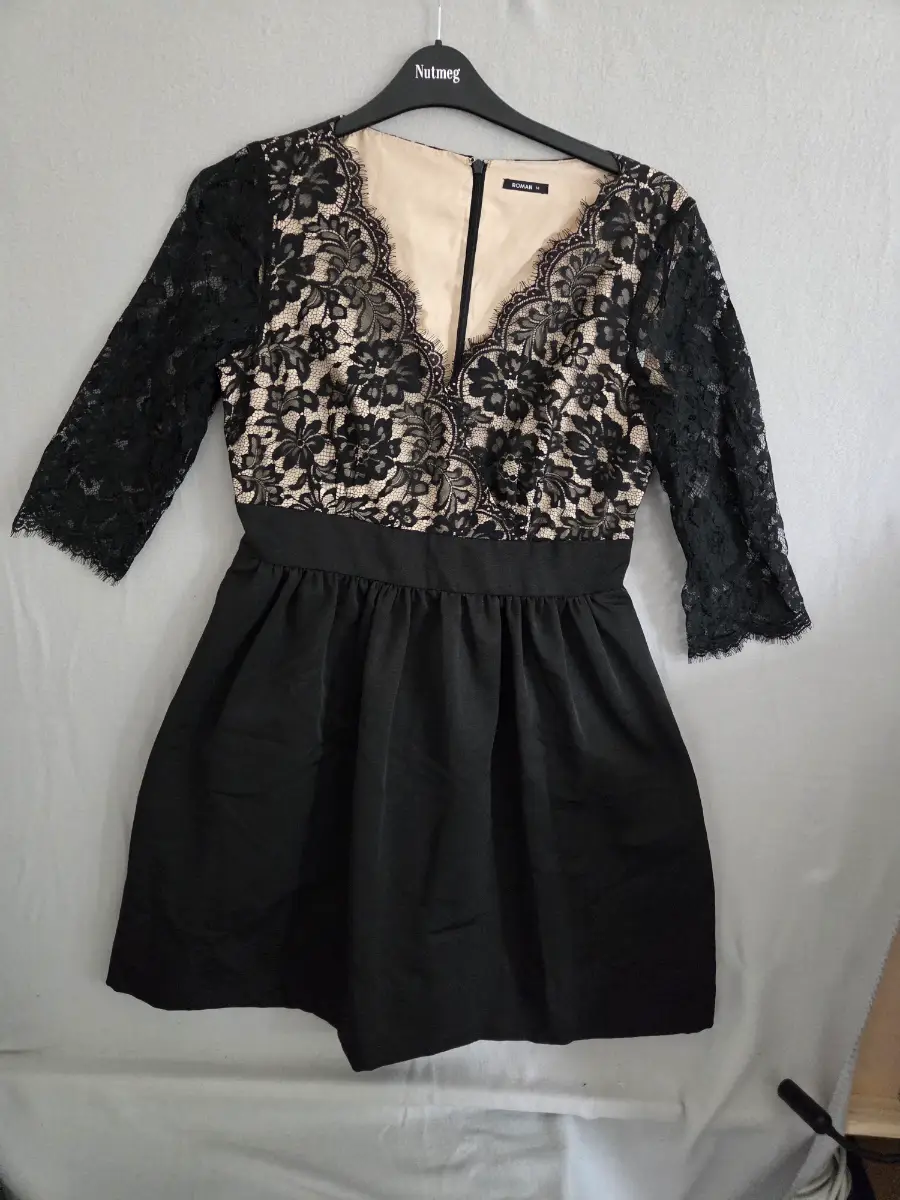 Black Contrast Lace Skater Dress Nude Lining UK 14