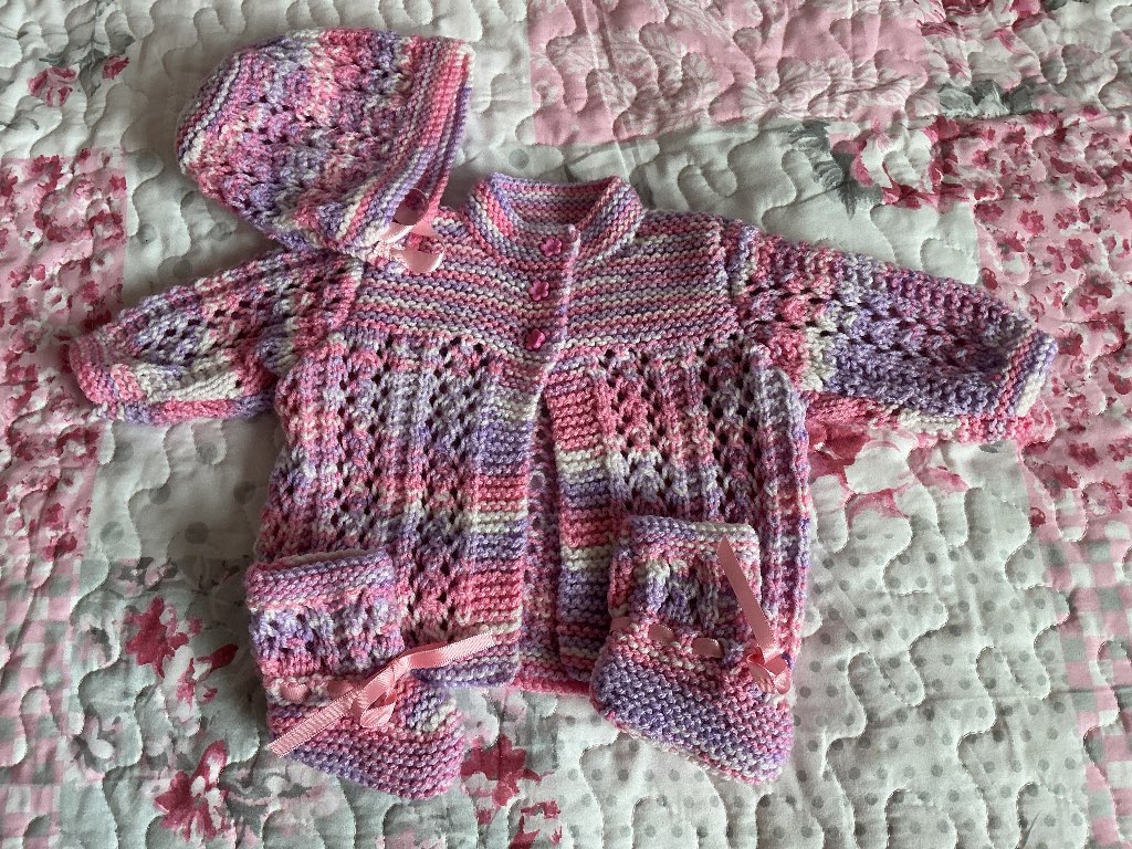 Baby’s jacket, hat and bootees set