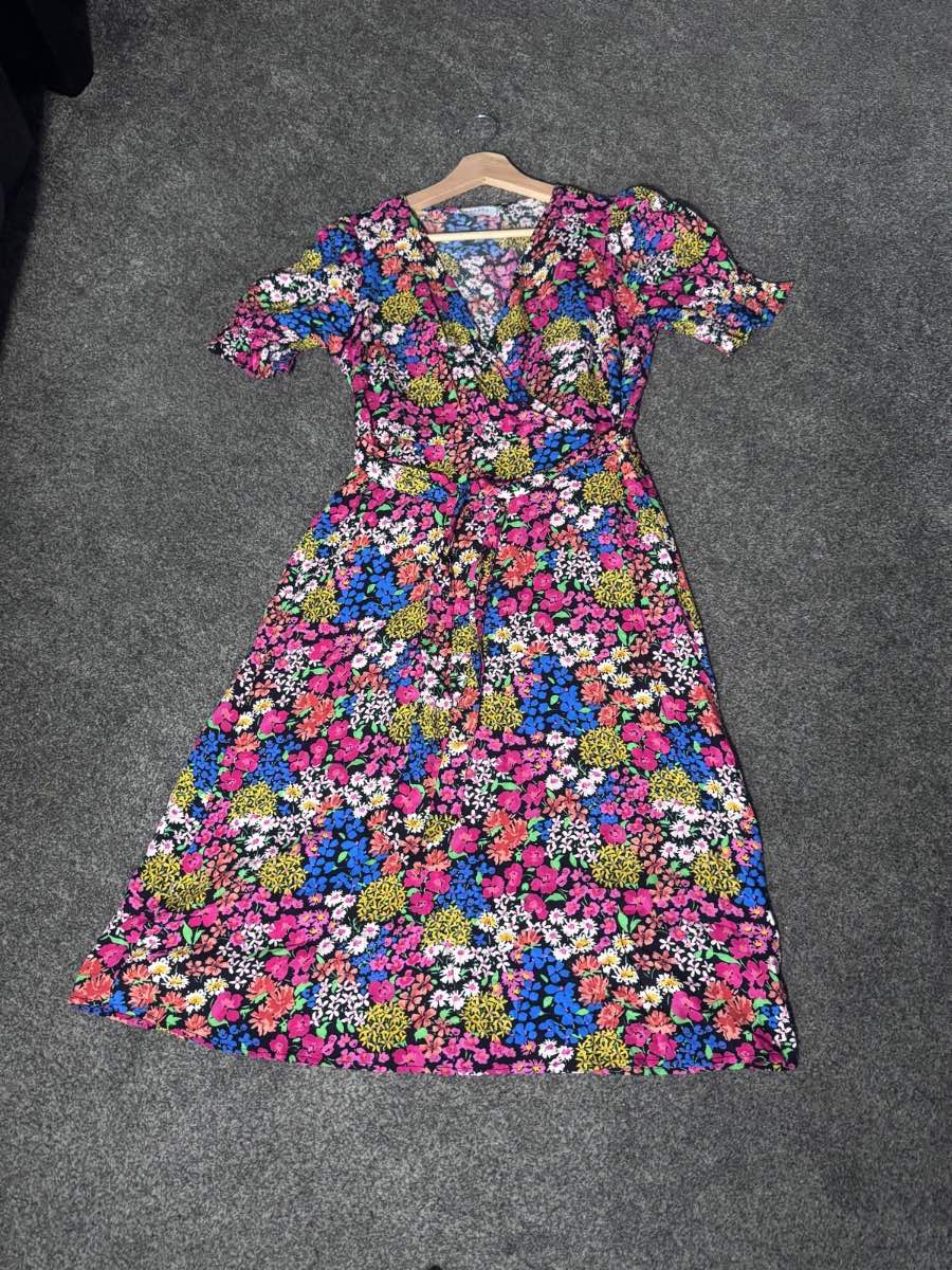 Papaya Wrap Midi Dress Black Floral UK 8 Tie Waist Short Sleeve Summer