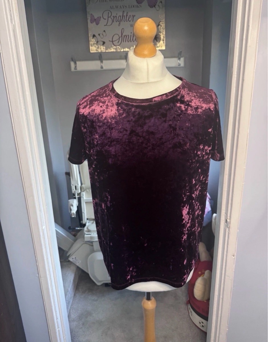 M&S Collection Velvet T-Shirt Dark Grape UK 16 Crushed Velvet Soft Stretch Top