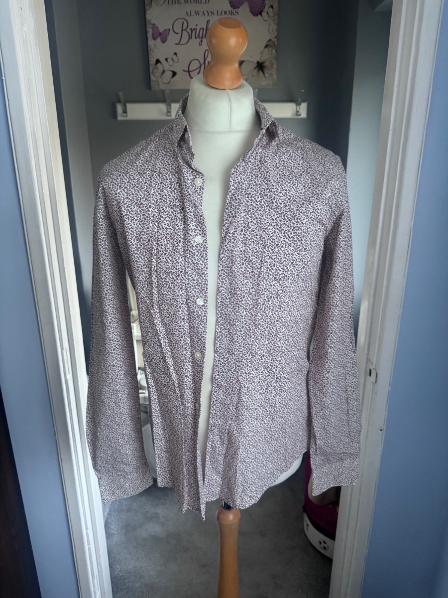 Zara Man Slim Fit Shirt White Burgundy Floral Print M 100% Cotton