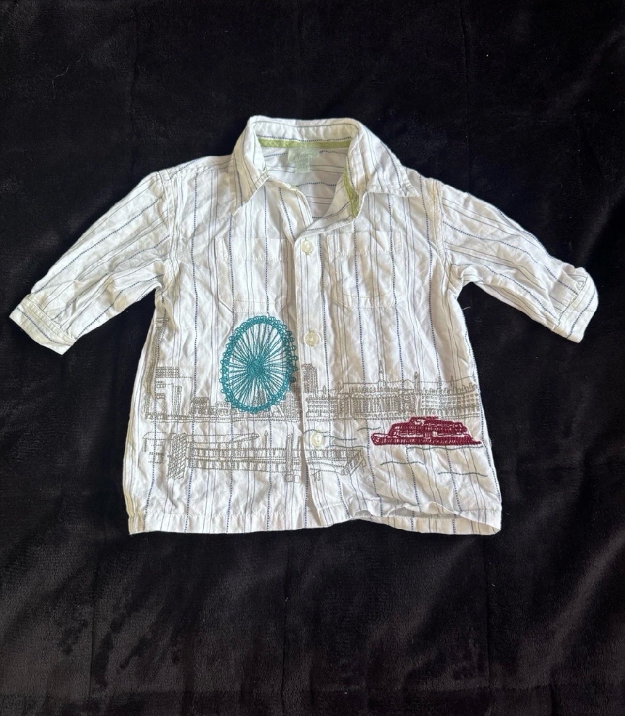 Monsoon Baby Shirt White Stripe 3-6 Months London Eye Embroidered Cotton