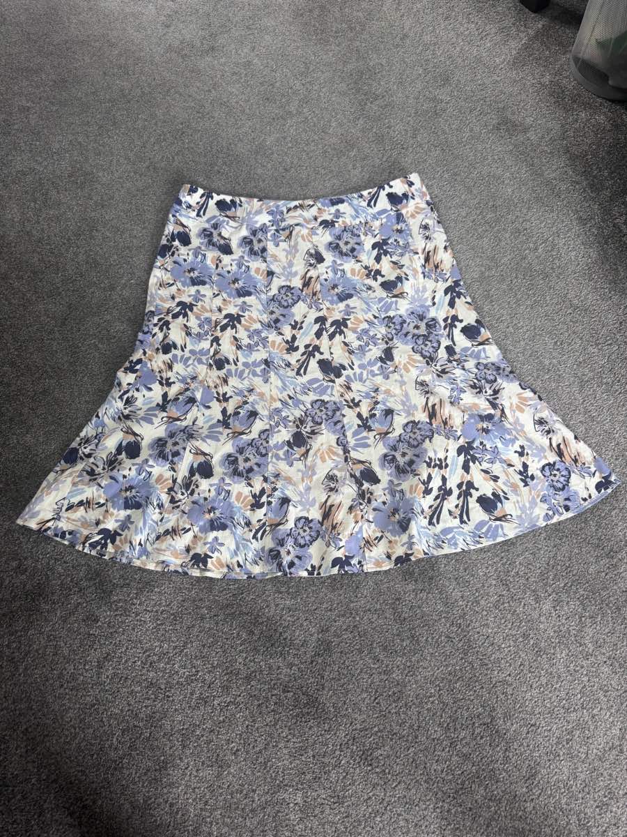 Isle Floral Skater Skirt Blue White UK 20 Linen Blend Fit & Flare Summer