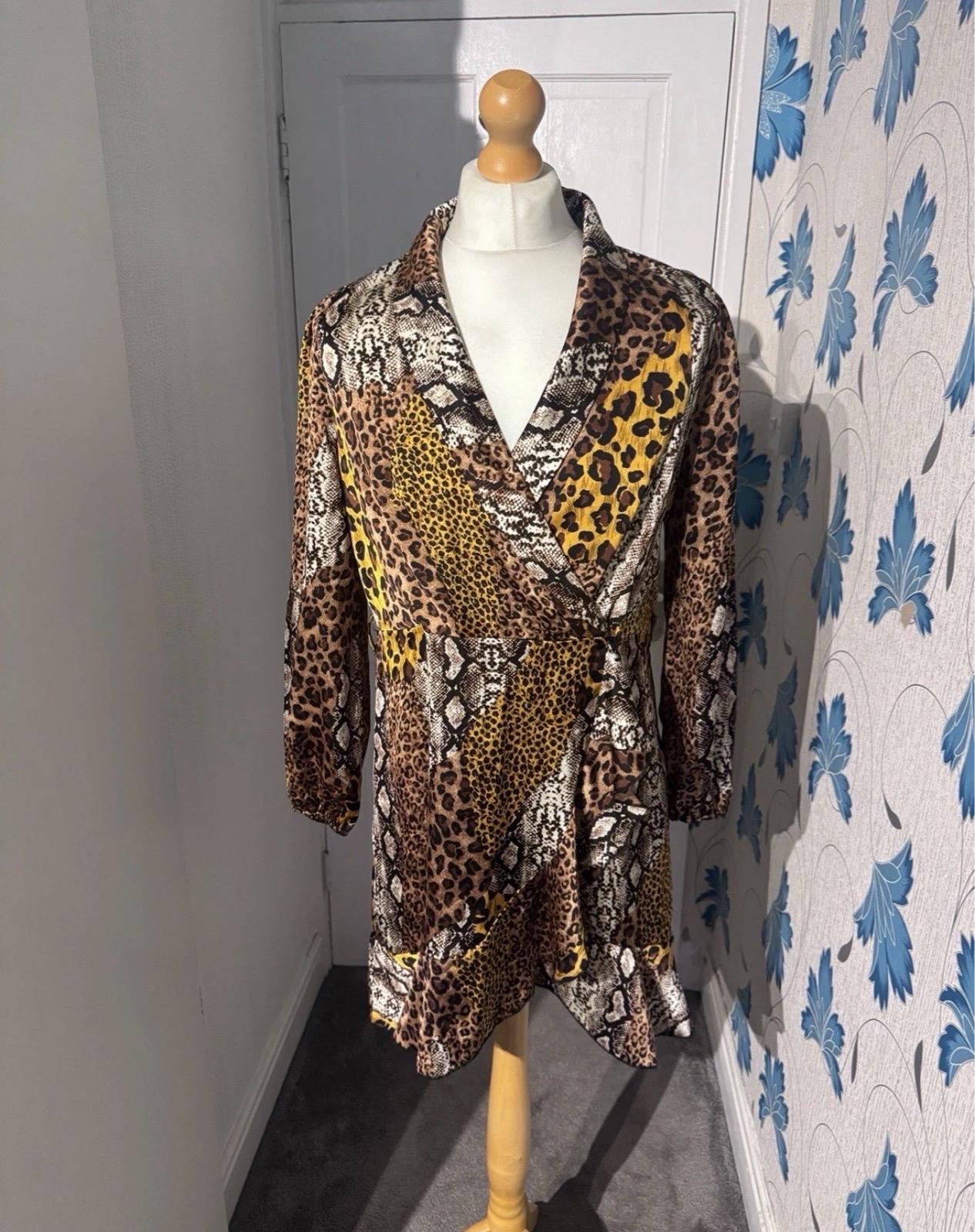 Quiz Animal Print Wrap Dress Brown UK 14 Leopard Snake Print Ruffle Autumn