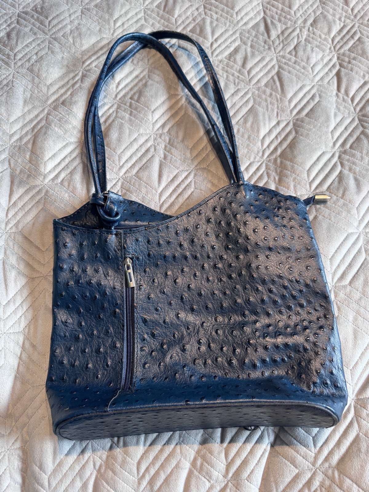 Navy Blue Genuine Leather Ostrich Effect Shoulder Handbag Multi Pocket