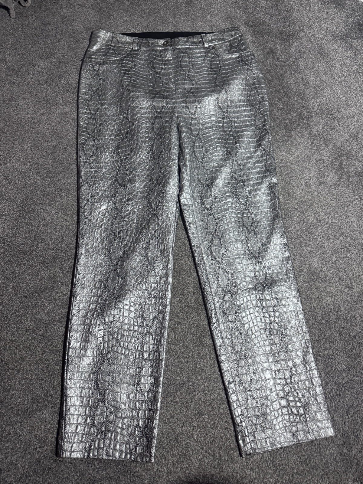 Kaleidoscope Silver Metallic Croc Faux Leather Trousers UK 14 Party Y2K