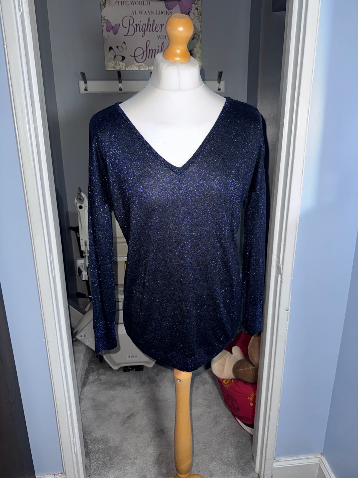 Wallis Sparkle Jumper Navy Blue UK 12–14 Metallic V-Neck Party Top