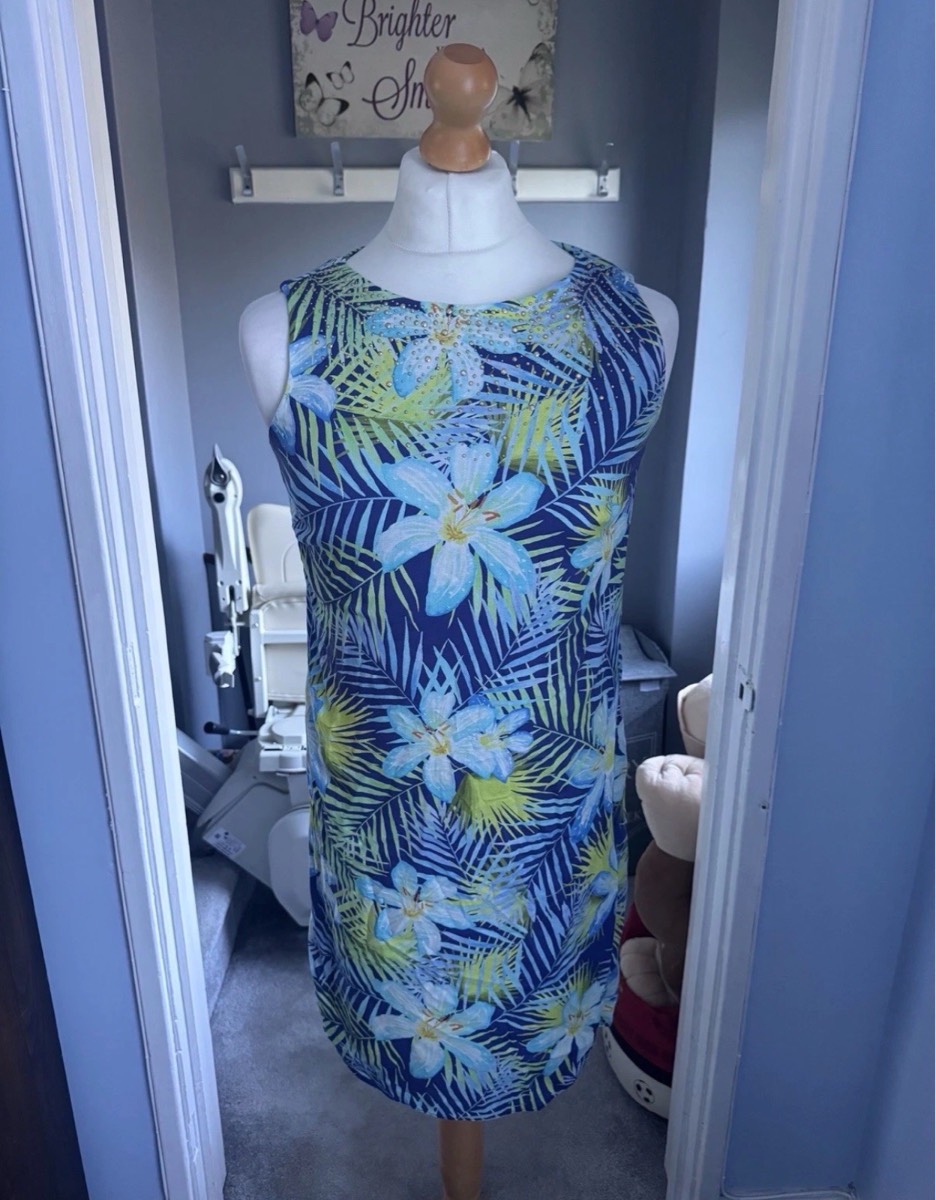 M&Co Shift Dress Blue Tropical Floral Print UK 12 Embellished Summer