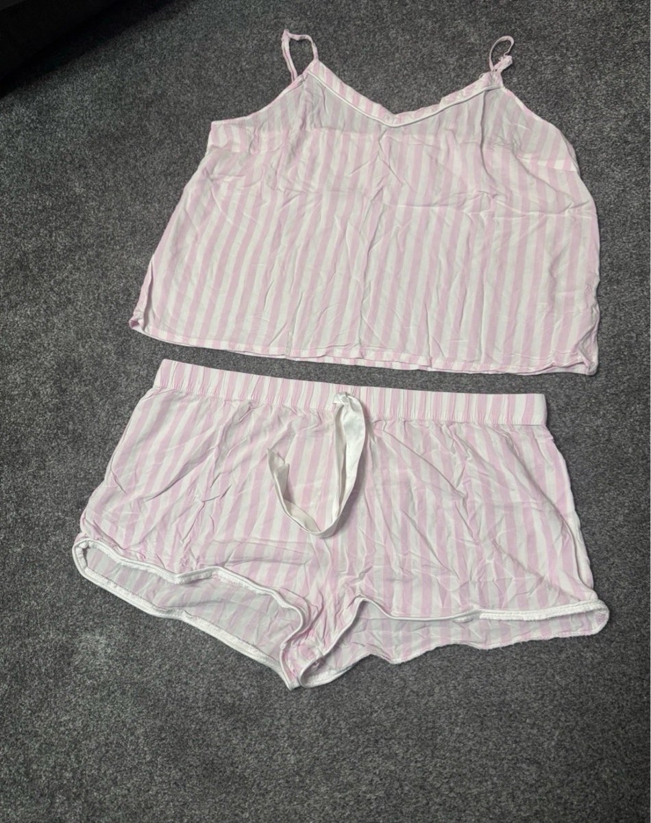 Love To Lounge Summer Pyjama Set Pink White Stripe Size L UK 14/16 Cami & Shorts