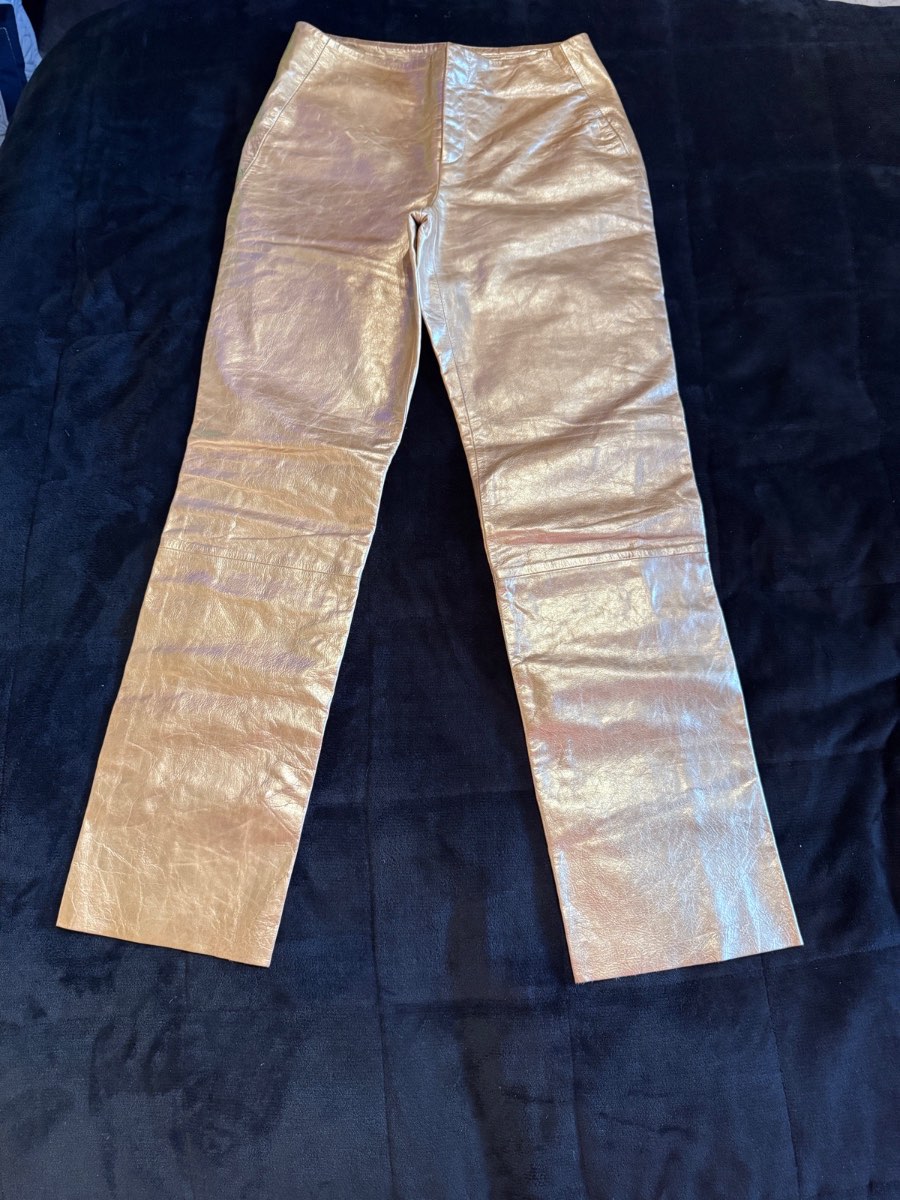 Banana Republic Leather Trousers Gold UK 6 (US 2) Genuine Leather Metallic Straight Leg