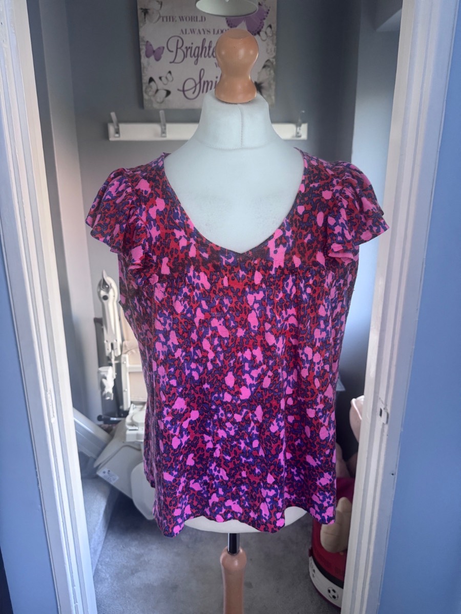Next Flutter Sleeve Top Pink Purple Animal Print Linen Blend UK L (14-16)