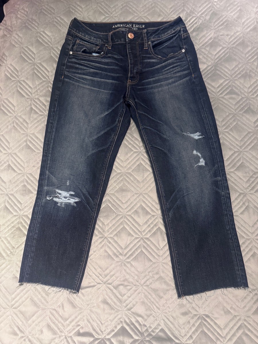 American Eagle Tomgirl Jeans Dark Blue UK 10 Distressed Raw Hem Cropped
