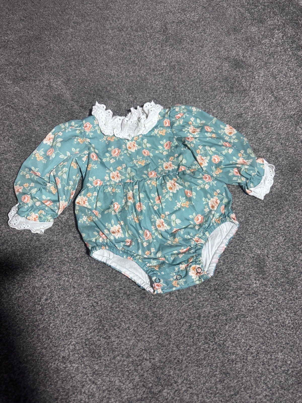 Dolly Wears Floral Romper Teal 6–9 Months Cottagecore Lace Collar