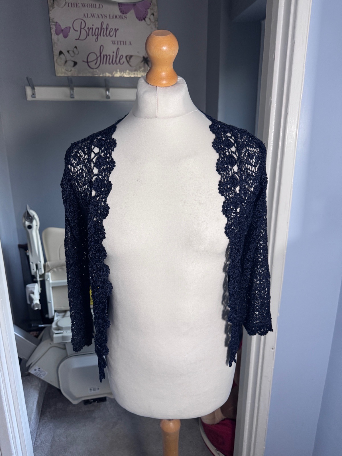 Roman Originals Crochet Bolero Cardigan Navy UK 14 Metallic Summer Occasion Cover Up