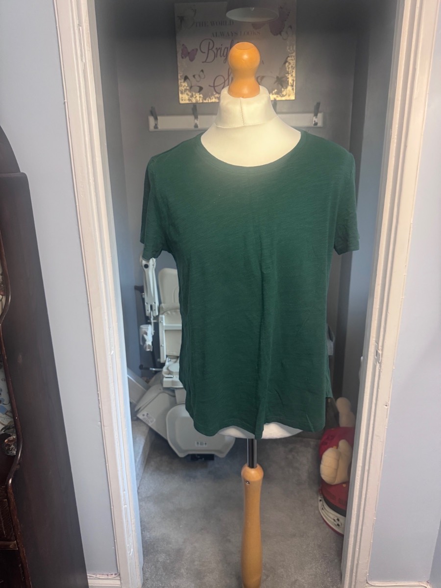 Apricot Slub Cotton T-Shirt, Dark Green, UK 14, Summer Short Sleeve Top