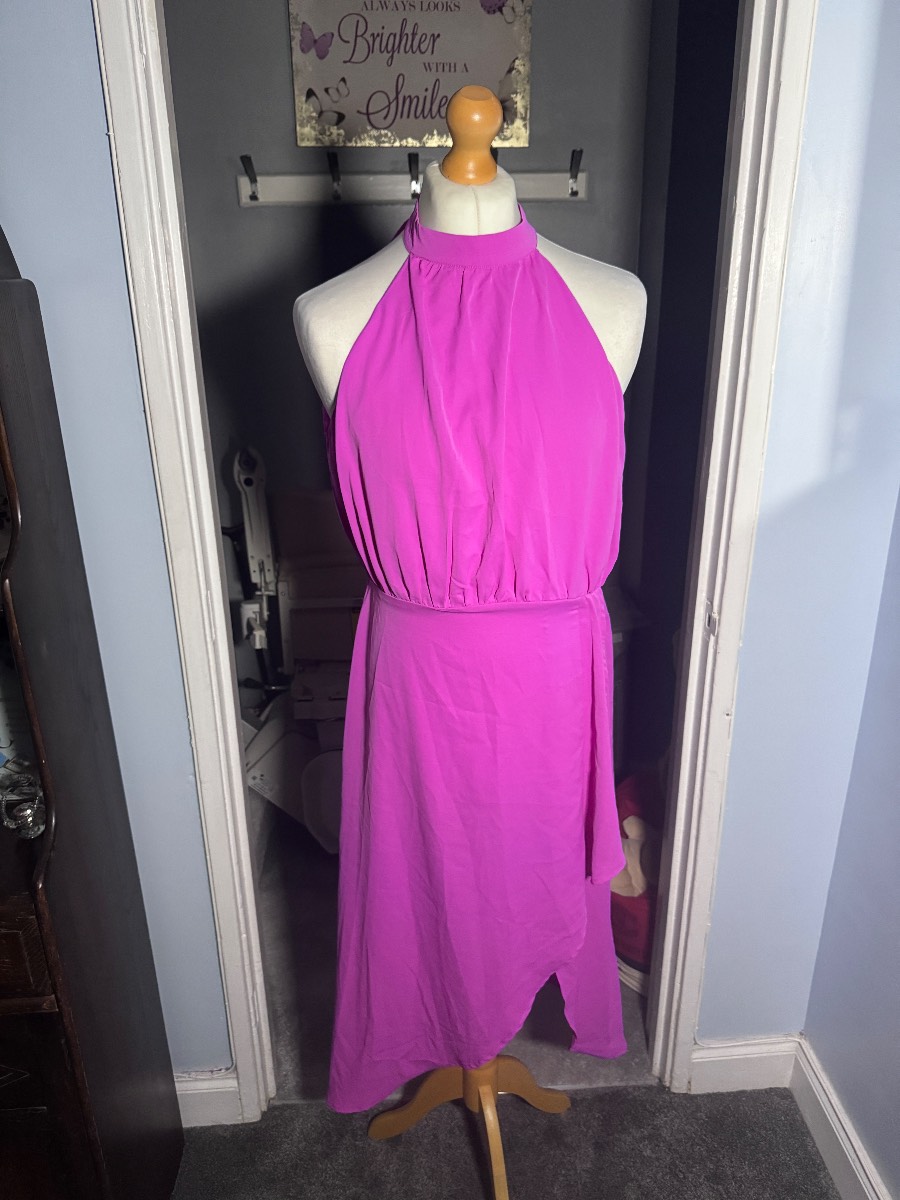 AX Paris Halterneck Midi Dress Pink UK 16 Asymmetric Hem Party Wedding Guest