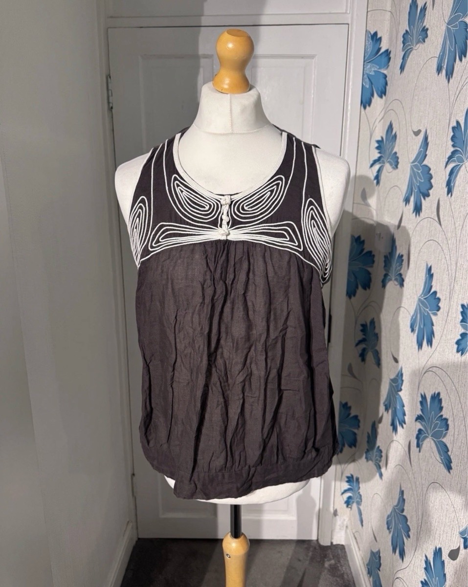 Kookai Sleeveless Blouse Brown UK 14 Linen Cotton Embroidered Tie Back