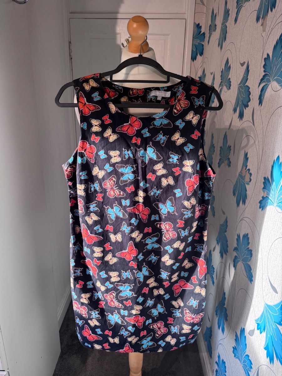 Red Herring Mini Dress Black UK 12 Butterfly Print Sleeveless Summer 100% Cotton