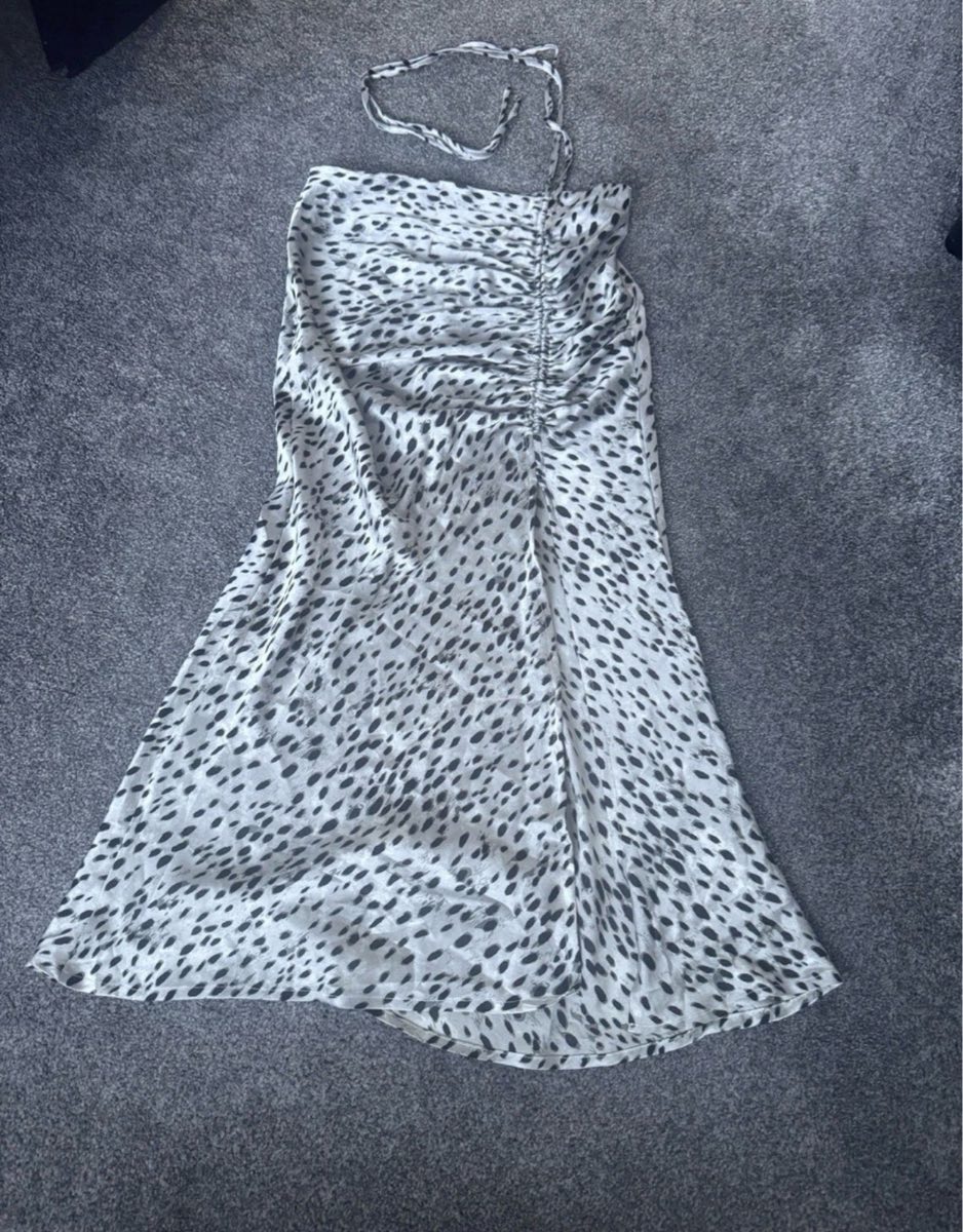 Cider Satin Halterneck Midi Dress Grey Animal Print Size M BNWT Ruched