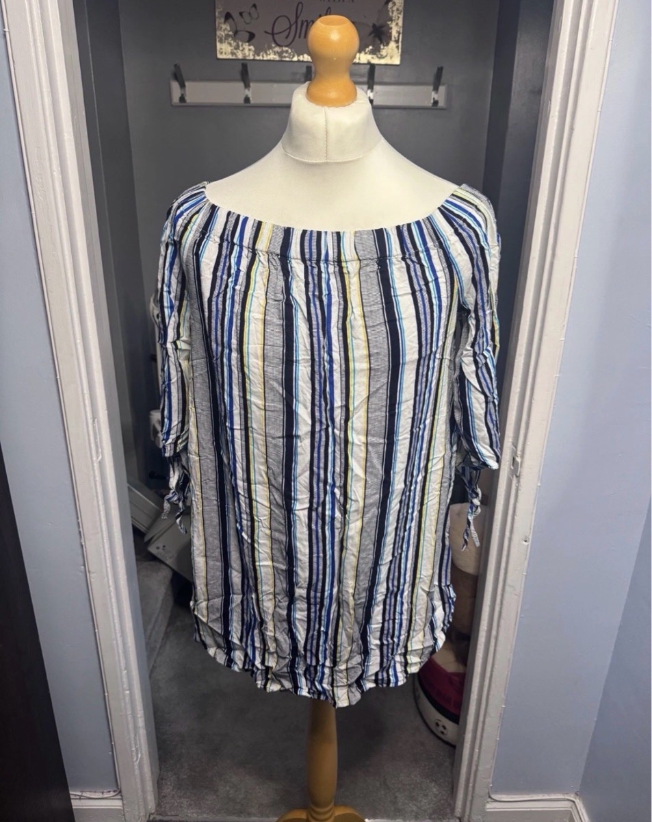 Papaya Bardot Top White Blue Stripe UK 12 Tie Sleeve Summer Blouse
