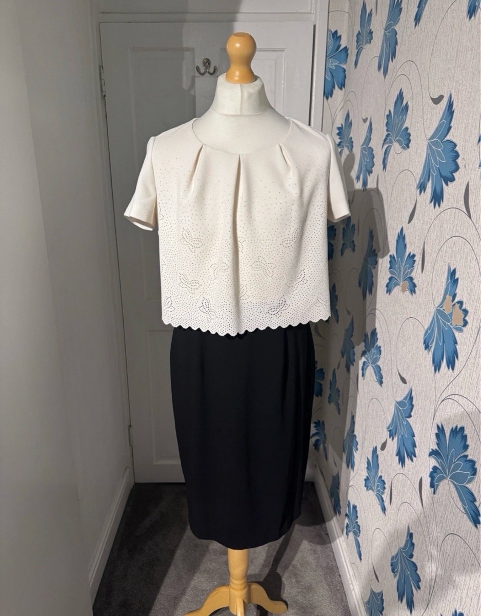 Hobbs London Shift Dress Black & Ivory UK 14 Laser Cut Overlay Occasion Midi