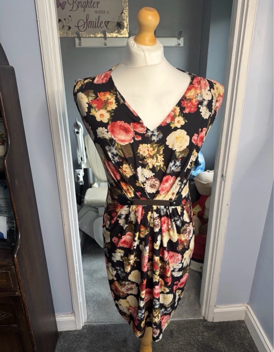 Mela London Floral Pencil Dress Black UK 10 Belted Midi Wiggle