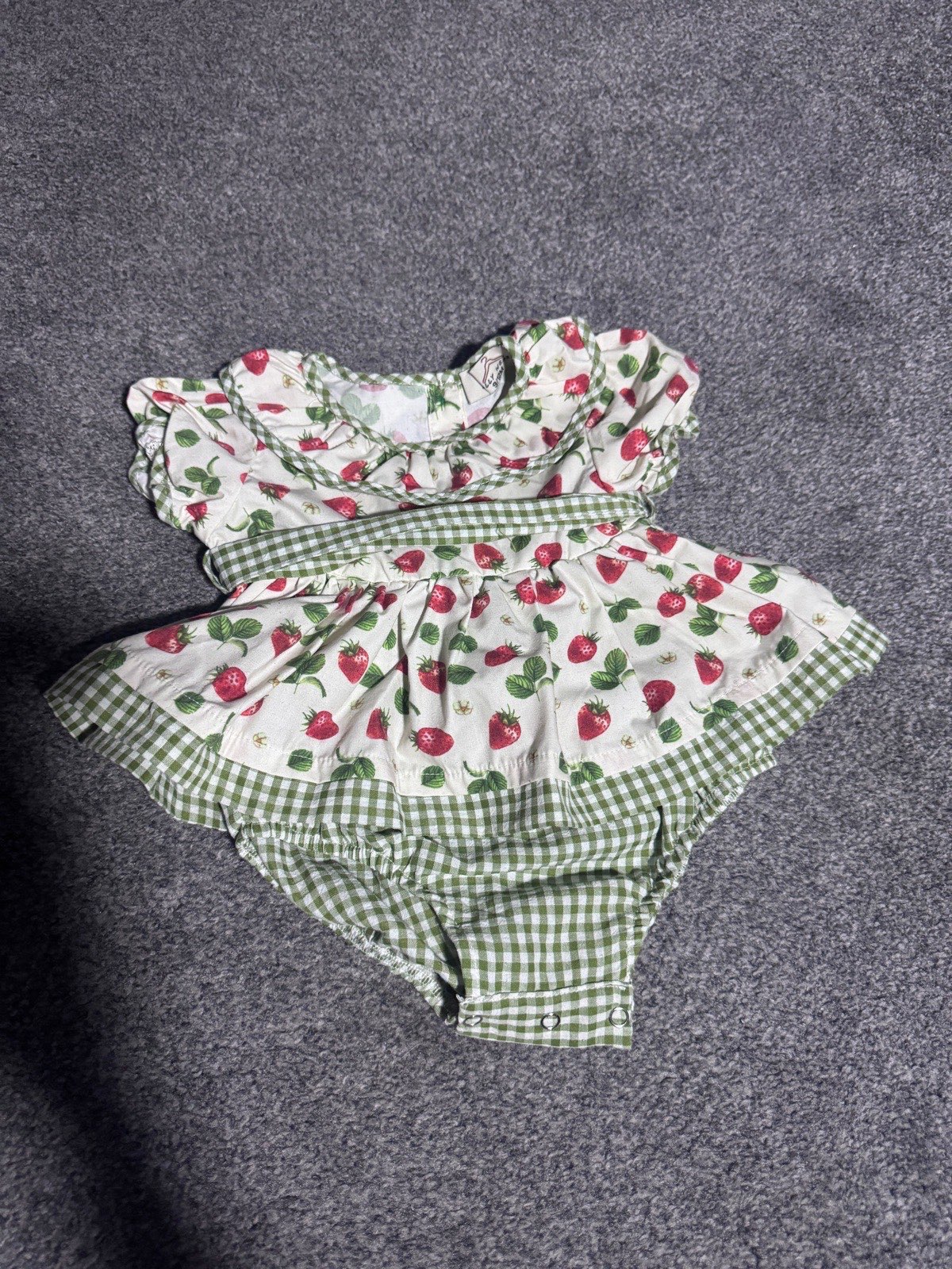 Dolly Wears Baby Romper Dress Strawberry Gingham 9–12 Months