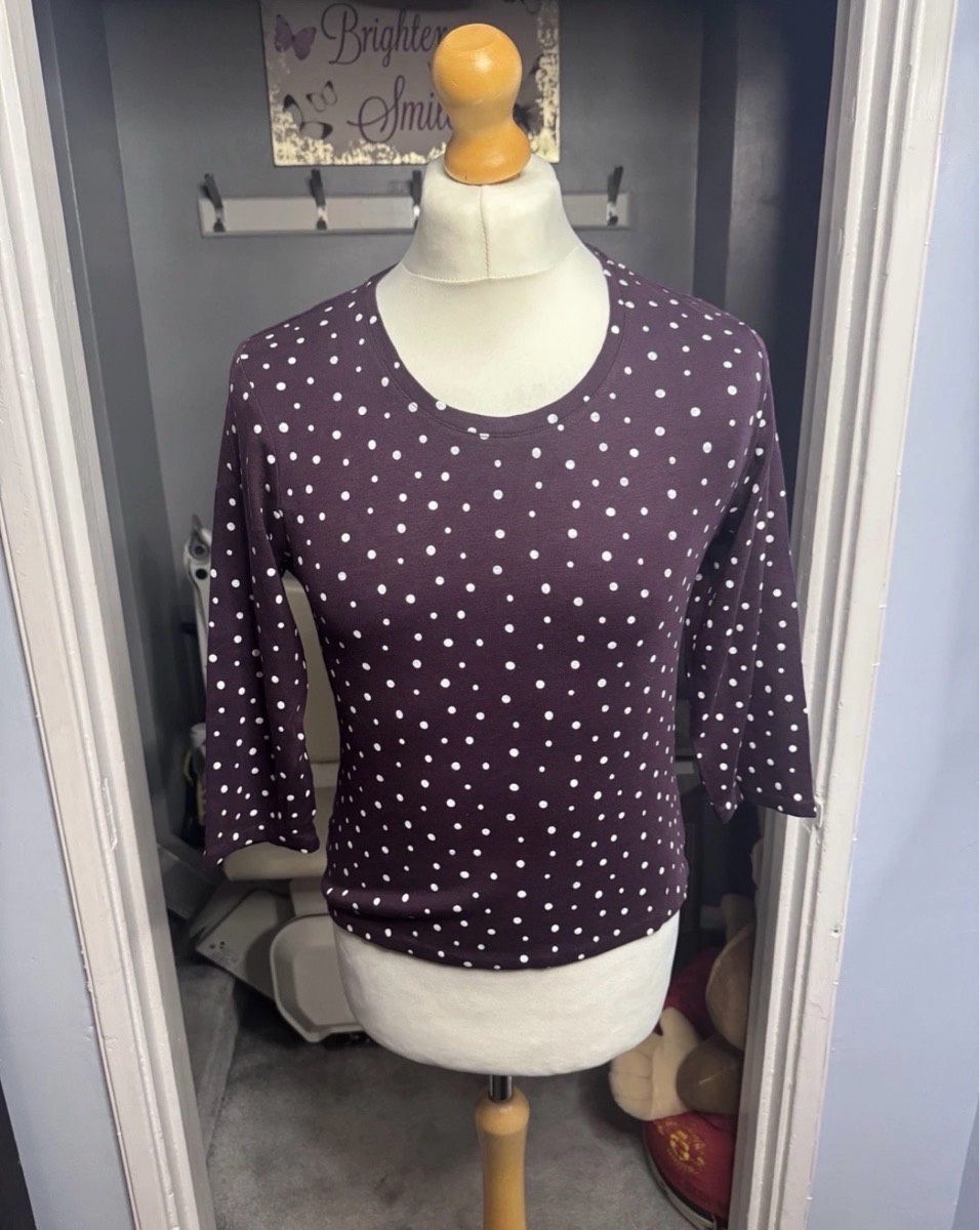 Cotton Traders Top, Purple Polka Dot, UK 14, 3/4 Sleeve