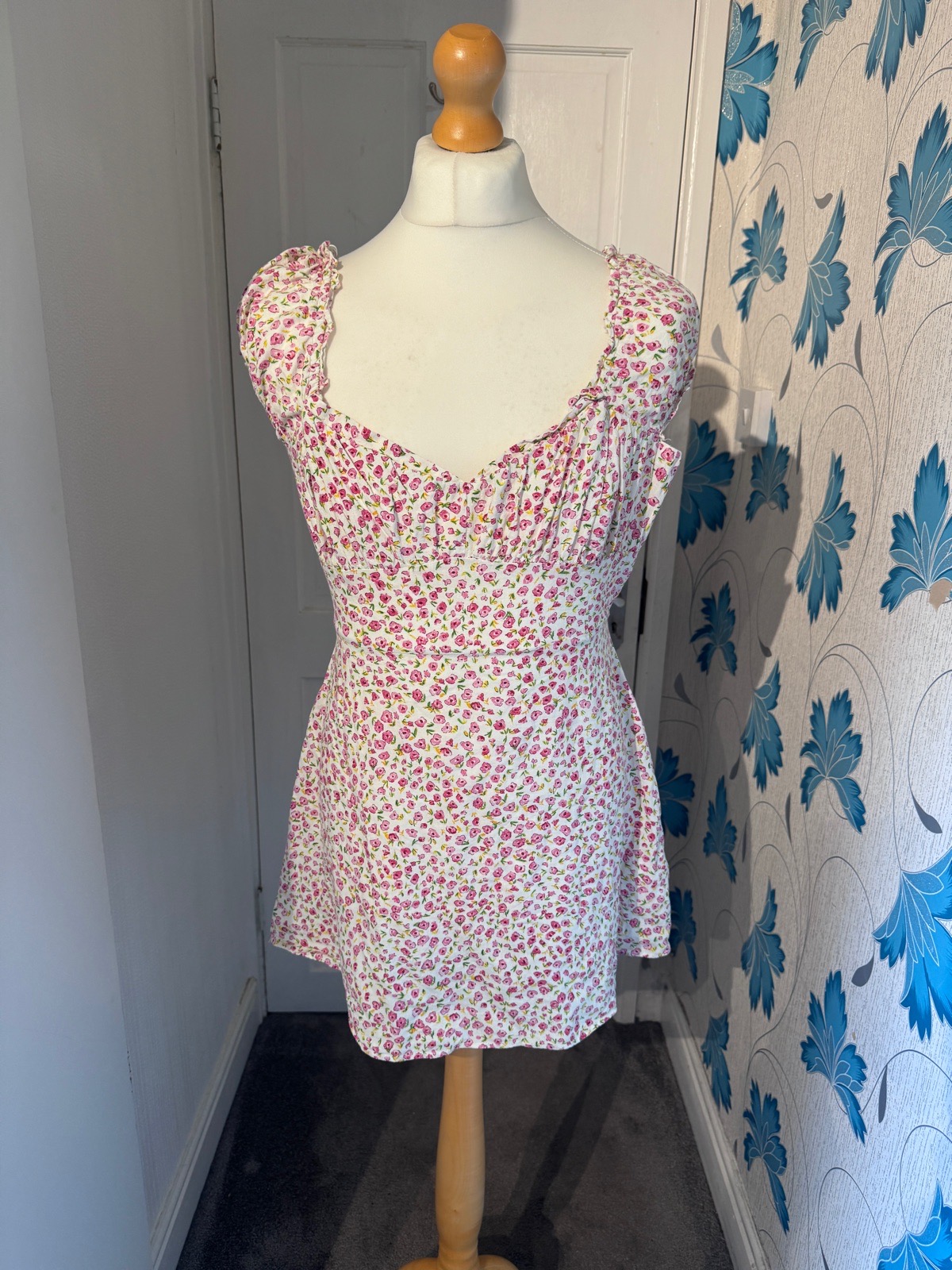 Zara Floral Mini Dress Cream Pink UK 14 Linen Blend Puff Sleeve Summer
