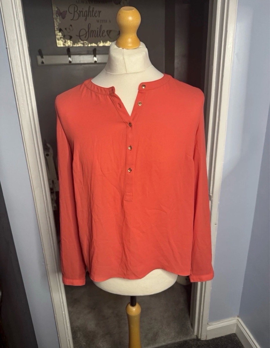 M&S Collection Women’s Summer Coral Long Sleeve Blouse UK 12 Button Detail Top