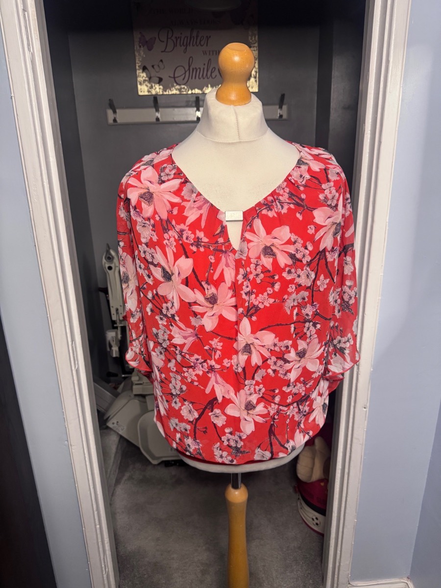 George Floral Blouse Red Pink UK 14 Flutter Sleeve Overlay Top
