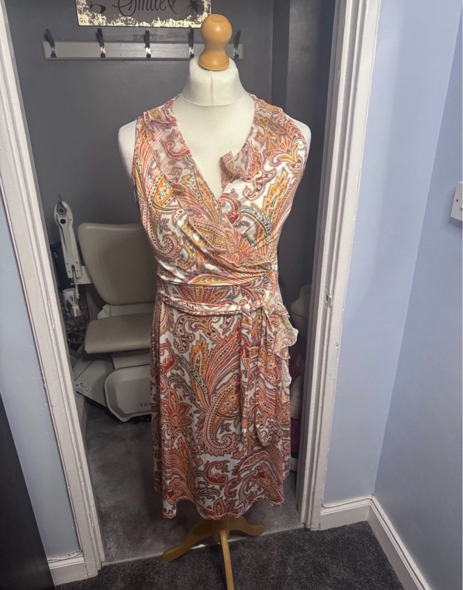 K Design Wrap Midi Dress Pink Paisley UK 14-16 L Sleeveless Ruffle Summer