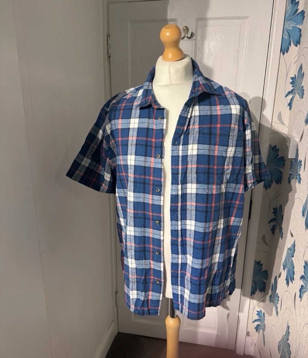 Nutmeg Men’s Short Sleeve Check Shirt Blue XL Cotton Linen Summer Casual
