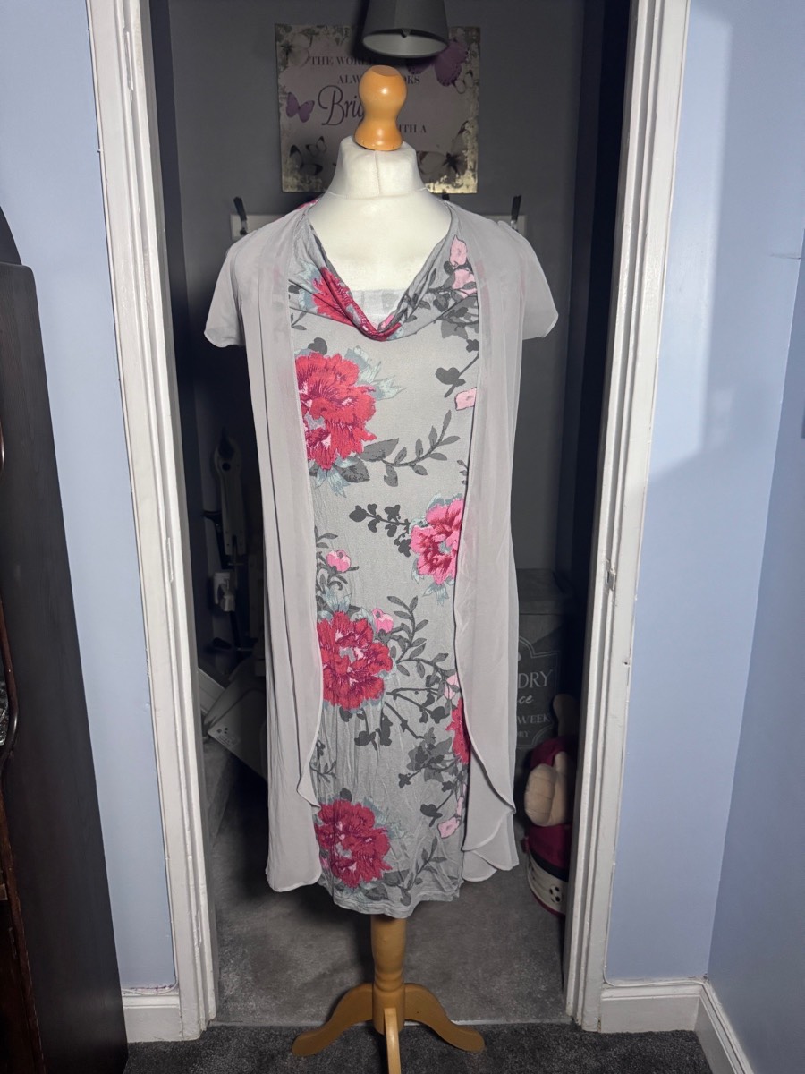 RJR John Rocha Summer Occasion Dress Grey Floral UK 12 Cowl Neck Chiffon Overlay