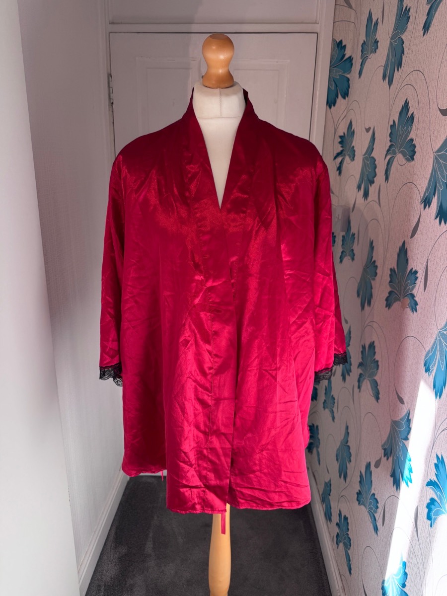 Ann Summers Satin Kimono Robe Red L/XL (UK 16–18) Black Lace Trim