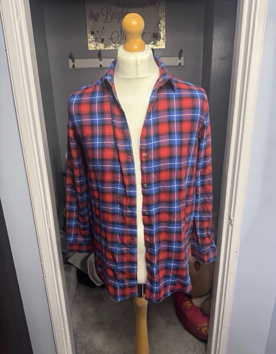 H&M Check Shirt Red Blue UK 10 (EU 36) 100% Cotton Long Sleeve