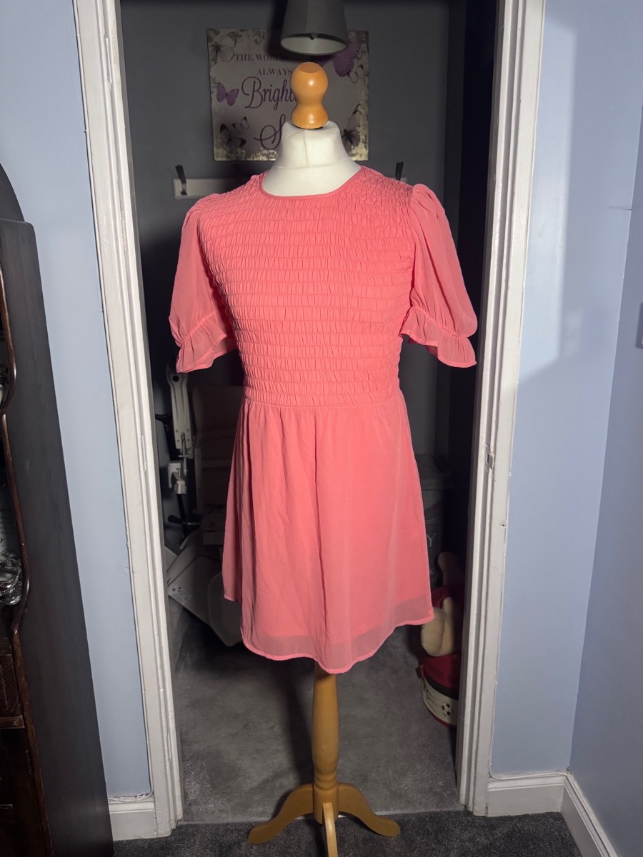 H&M Divided Smock Mini Dress Pink UK 12 (M) Puff Sleeve Summer
